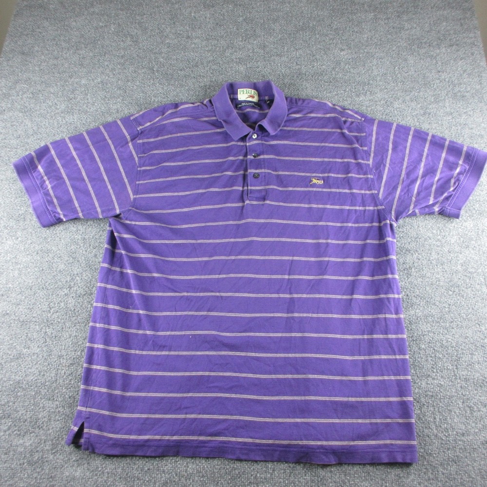 Perlis Polo Shirt Mens XL Purple Striped Short Sleeve Cotton Crawfish Logo Pique